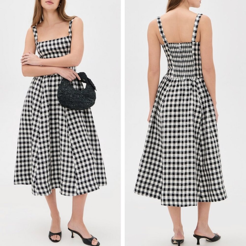 BEST Reformation Janu Linen Midi Dress Parked Check Black White French